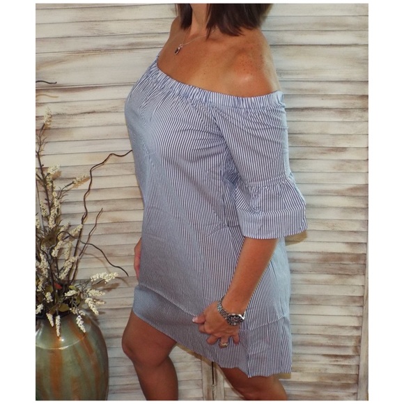 Off Shoulder Pin Striped Dress Blue White 1418 - Picture 6 of 8